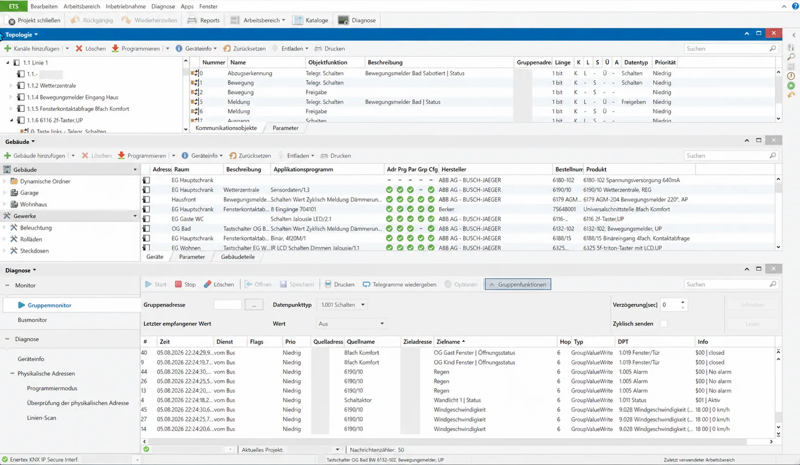 Anonymisierte ETS-Projektstruktur eines KNX-Projekts mit Gebäudebereichen und Gruppenadressen
