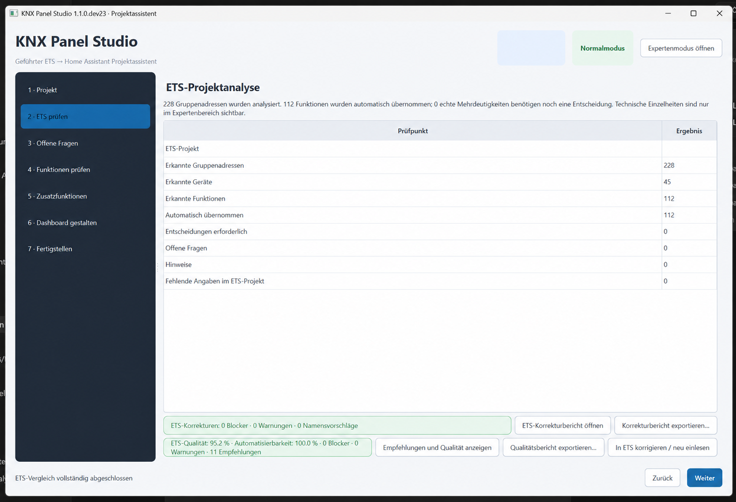 Anonymisierte Panel-Studio-Analyse mit erkannten Funktionen und Qualitätskennzahlen